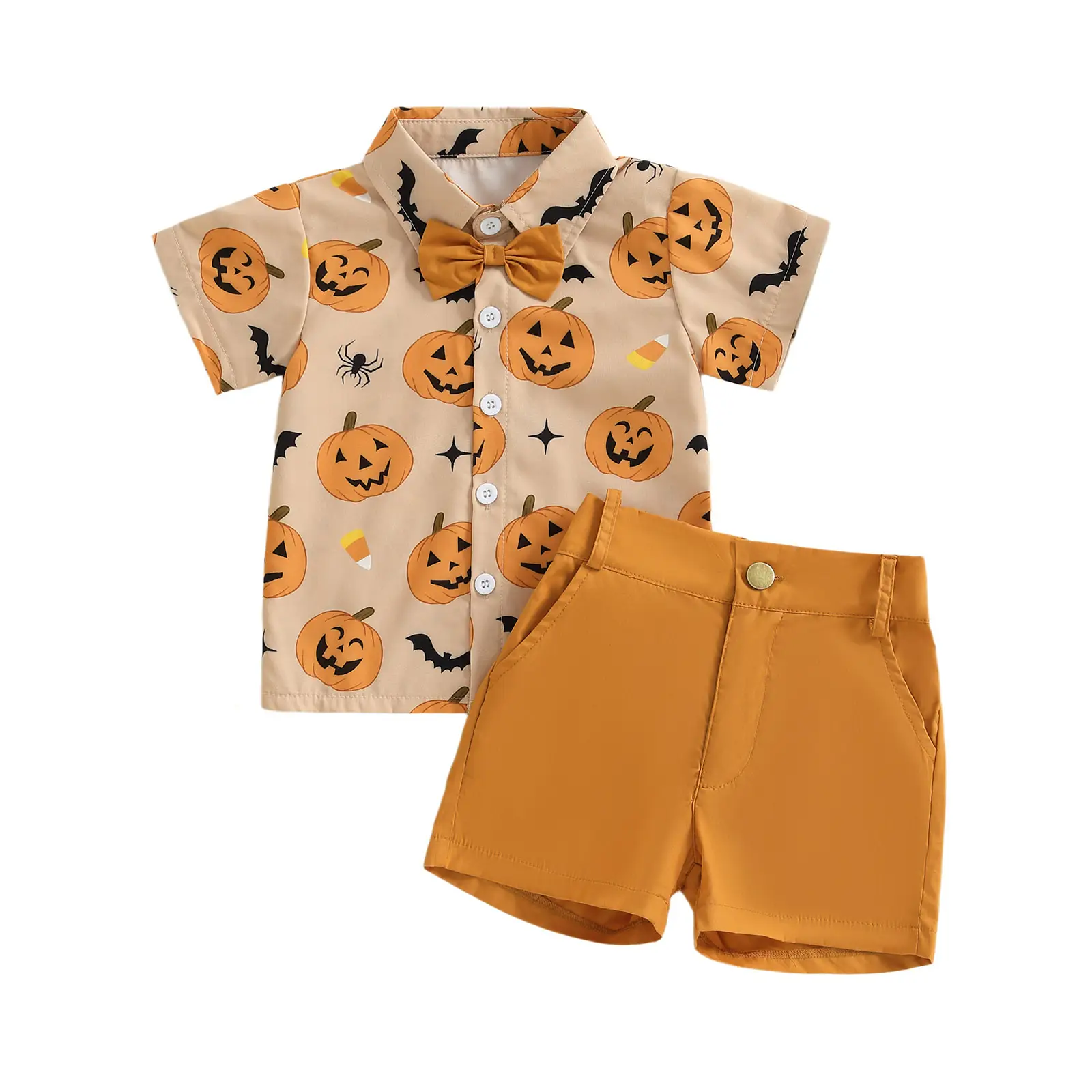 REDWOON Toddler Baby Boy Halloween Clothes Set Pumpkin Print Short Sleeve Button Down Shirt Shorts Gentleman Outfits