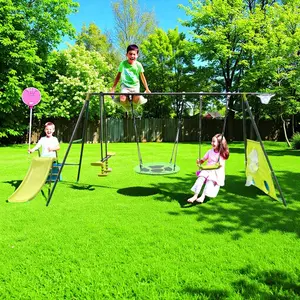 6-in-1 Outdoor Swing Set for Kids Ages 3+ with Saucer Swing and Slide, 440lbs Capacity Multi-Functional Backyard Playset