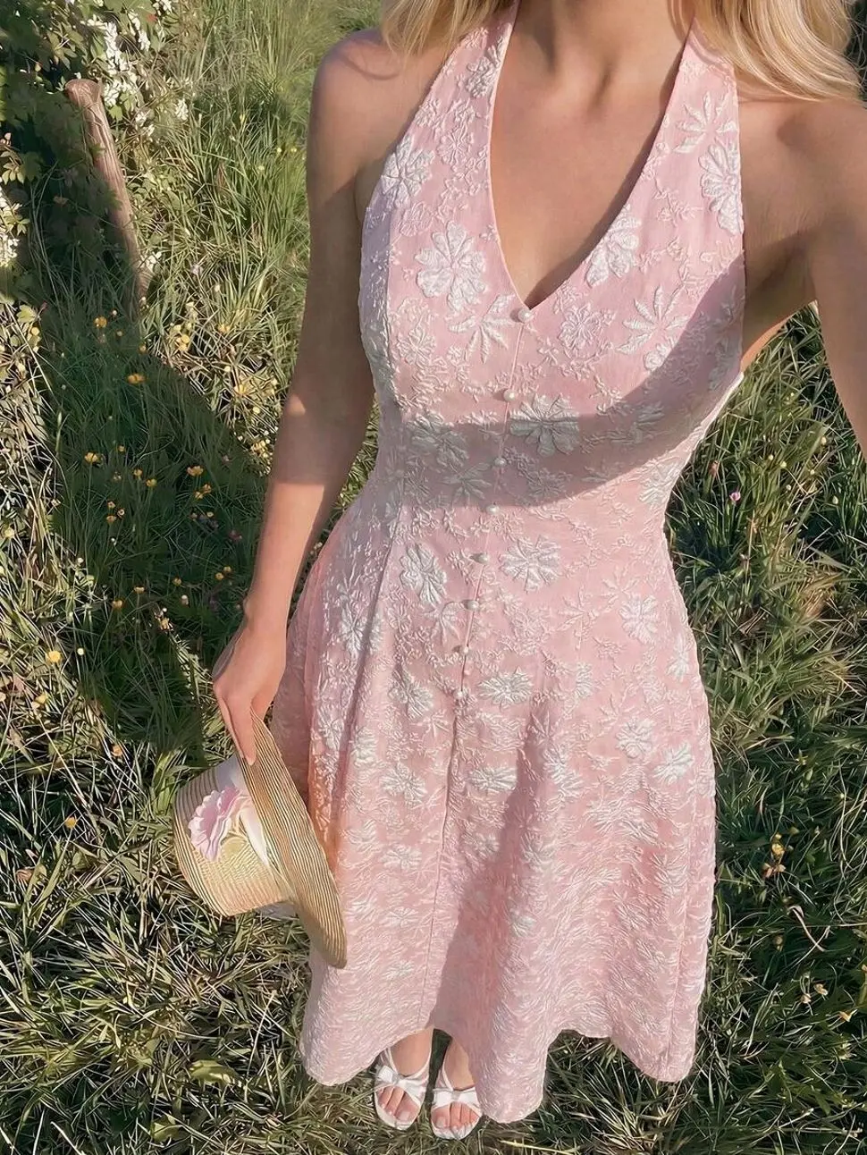 Women's Pink Floral Jacquard Halter Maxi Dress, Elegant Cottagecore Waist-Cinched Long Dress for Summer Party, Vacation, Birthday, Tea Party, Garden Picnic and Romantic Feminine Occasion Wear