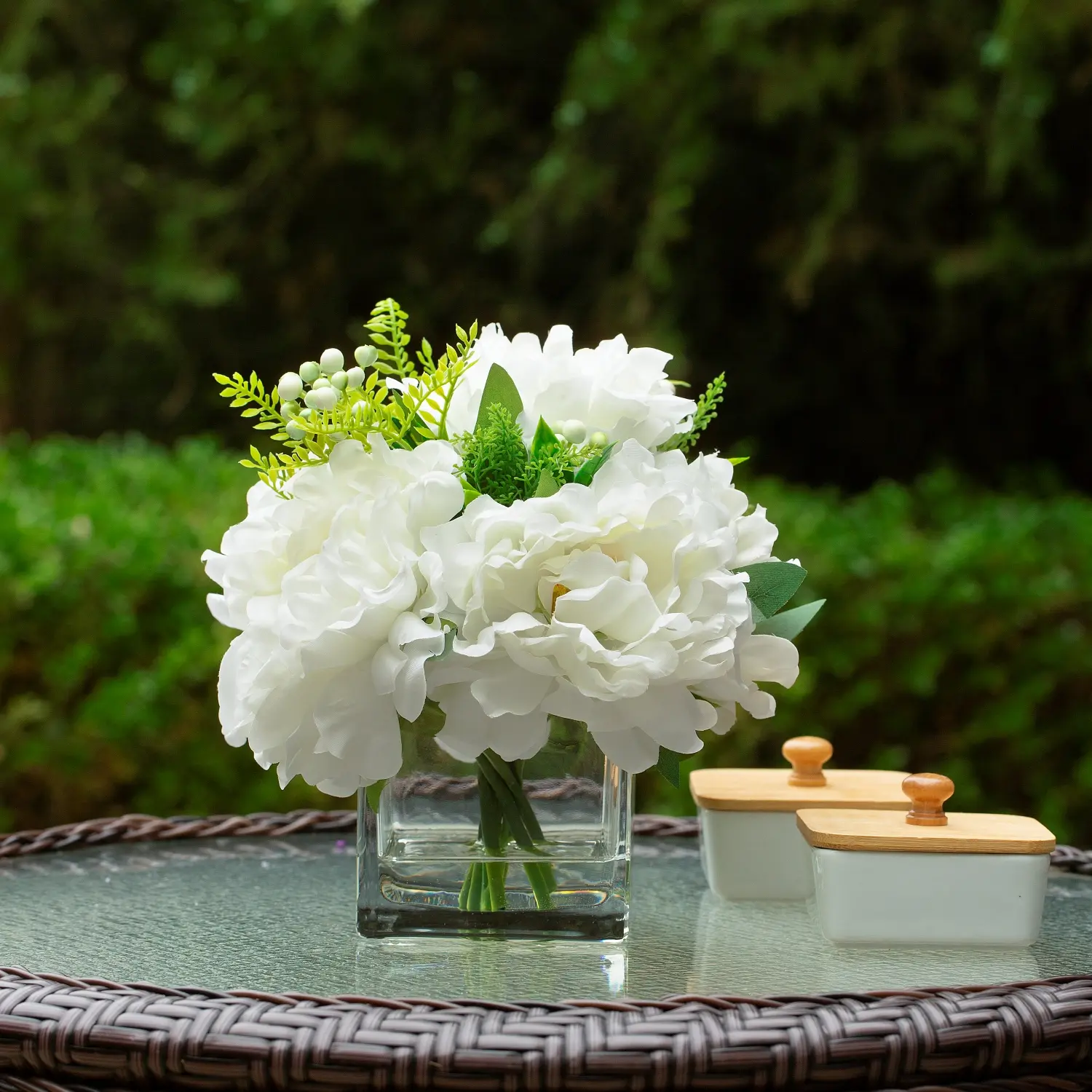 Enova Floral Mixed Silk Peony Flower in Cube Glass Vase With Faux Water ...