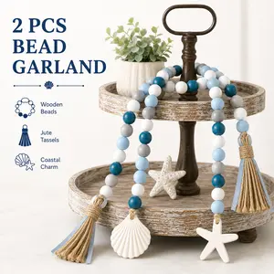2 Pcs Farmhouse Seashell Bead Garland with Tassels Decorative Beads Decor Nautical Farmhouse Tiered Tray Decorations Set Coastal Garland for Home and Kitchen, Wooden Beads(White)