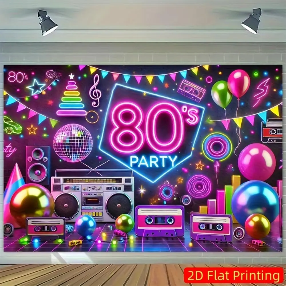 8x6 ft Retro 80s Polyester Party Banner - Colorful Photography Backdrop with Neon '80's P' Text, Polyester Fits, Ideal for Birthday Celebrations (Home & Festive Party Supplies)