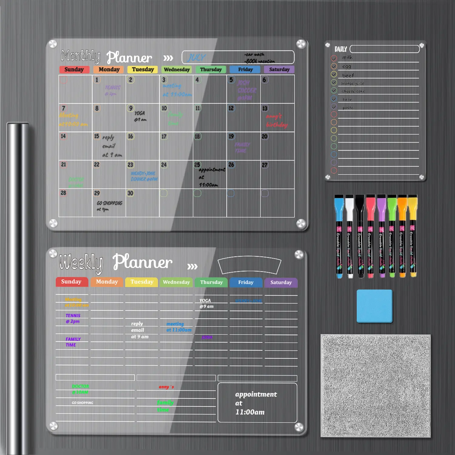 GUOBOARD 3-Pack Acrylic Magnetic Dry Erase Boards Set - Stay Organized on Your Refrigerator, Wall, and Fridge with Monthly, Weekly, and Daily Notepads Planner Calendar Time Management
