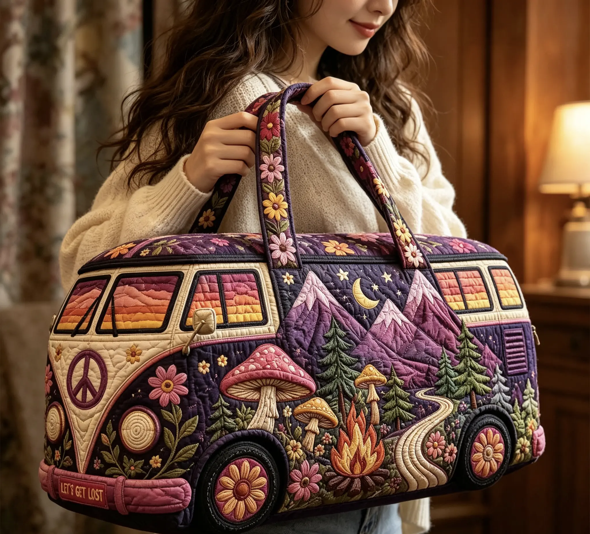Hippie Bus Quilted Gym Travel Duffel Bag, Sports & Outdoor Accessory for Gym, Travel Use