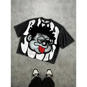 Manfinity EMRG Men's Street Loose Distressed Quirky Oversized Graphic Print Short T-Shirt Men's Cropped Tops, Men's Cropped Graphic Shirts, Graphic Tees Men Crop, Men Oversized Crop Printed, Oversized T Shirt Men Anime