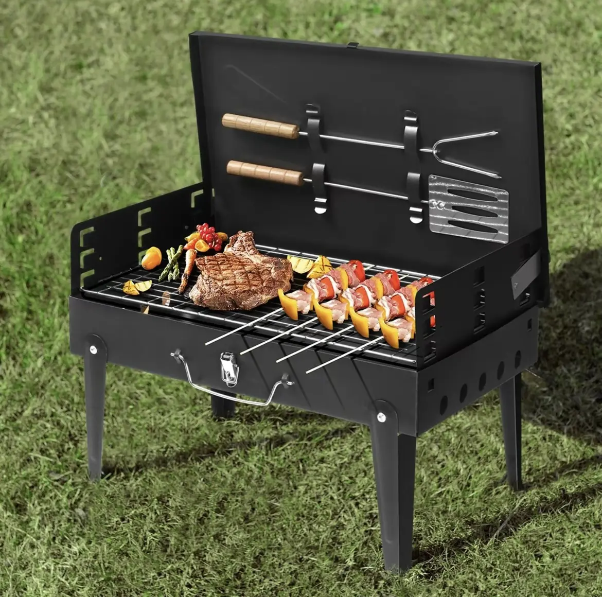 Portable Folding Charcoal BBQ Grill, Compact Suitcase Style Barbecue Grill With Complete Grilling Tools for Outdoor Camping, Backyard Picnic, Patio Party Cooking