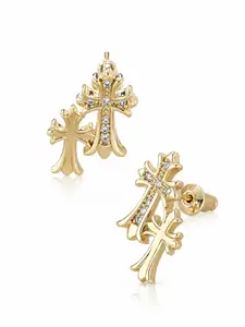 Gothic Double Cross Earrings for Men, Copper Studs with Sparkling Zircon, Punk Hip Hop Streetwear Style, All Seasons Fashion Accessory