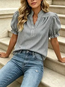 Spring Summer French Style Chic Striped Short Sleeve Ruffled Blouse Shirt, Stand Collar Half Open Front, Casual Office Wear, Comfortable Loose Fit Top