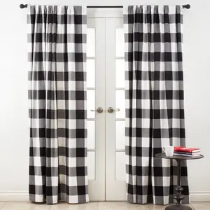 SARO  54 x 84 in. Cotton Buffalo Plaid Curtains - Black