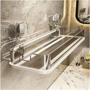 Easy Install Suction Cup Bathroom Shelf, No Drilling Required, Thick Plastic & Aluminum Alloy, Wall Mounted Shower Rack, Bathroom Organizing Accessories, Corner Storage