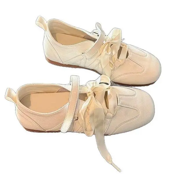 Elegant Mary Jane-Inspired Trainers in Ivory & Beige – Chunky Sole + Ribbon Ties for Comfortable All-Day Wear and Sweet Street Style