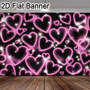 2D flat banner, 1pcNeon Pink Heart Backdrop for TikTok Videos, Glowing Heart Party Decor with Sparkles, Romantic Black & Pink Festive Background for Content Creation
