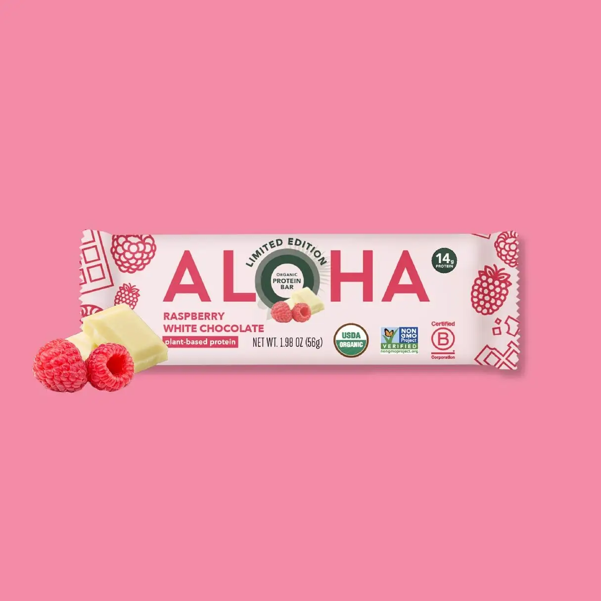 ALOHA Limited Edition Raspberry White Chocolate Protein Bars - 12 Bars - USDA Organic - 100% Plant-Based - 14g Protein - 3-5g Sugar - Vegan - Healthy