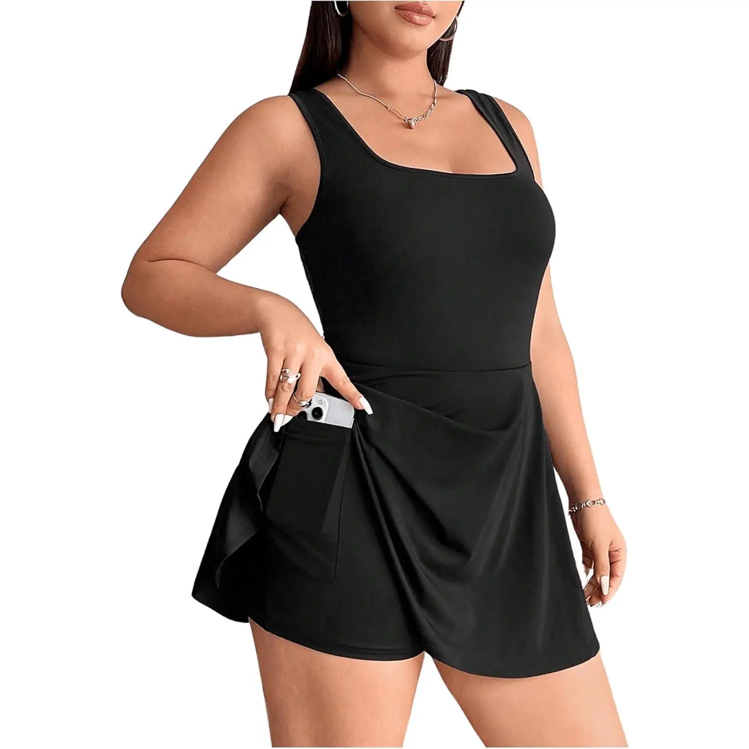 Women's Plus Size Sleeveless Square Neck Rompers - Athletic Workout Wear with Built-in Shorts, Stretch Fabric, Solid Colors Women's Dress, High Waist, Breathable, Workout Clothes Women