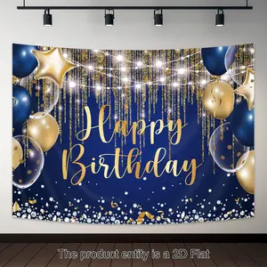 2D Flat 1pc Blue Golden Happy Birthday Navy Royal Backdrop Polyester Fabric Men Golden Dot Balloon Diamond Sparkle Cool Bday Party Photography Background Decorations Banner Photo Shoot