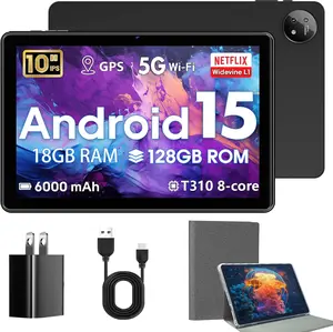 Tablet 10 Inch,Android 15 Tablets with Case,18GB+128GB,1TB Expand,Widevine L1 Compatible Octa-Core Tablet with WiFi 5,6000mAh,T310 CPU,High Performance,Processor,Dual Camera(5MP+8MP)