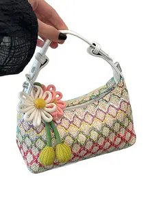 High-Quality Rainbow Woven Crossbody Bag, Fresh Flower Decoration, Beach Vacation Versatile Shoulder Straw Bag, Detachable Strap, Summer Outing Handbag