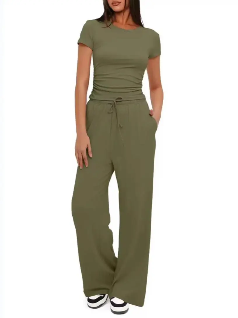 Women's 2-Piece Basic Summer Lounge Set - Short-Sleeve Slim-Fitted Round Neck Side Ruching Top, Wide Leg Pocket Pants, Elegant Casual Women's Apparel for Everyday Wear, Shortsleeve, Elegance, Pleated, Fashion, Fabric, Comfortable, Women's Clothes