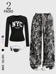 Women's Casual Loose-Fitting Round Neck Long Sleeve Sweatshirt Set, Fashion Letter Print, Drawstring Pants, Fall & Winter