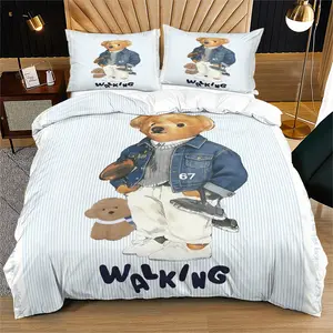 Bear print pattern duvet cover set, including 1 duvet cover and 1 or 2 pillowcases, without a core or pillow, suitable for bedroom or dormitory bedding set, suitable for gift giving or personal use, Versatile Use, Gift Option