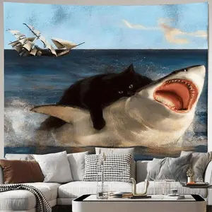 Charming Black Cats & Shark Tapestry - Polyester Wall Hanging for Living Room, Bedroom, Dorm Decor |   Perfect Gift for Couples