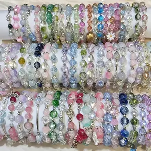35pcs Mix Stylish and Elegant Women's Glass Bead Bracelet Set, Featuring Sparkling Cracked Beads Paired with Floral, Butterfly, Fishtail, Star, and Bowknot Pendants, Romantic for Casual Attire, Year-Round Accessory