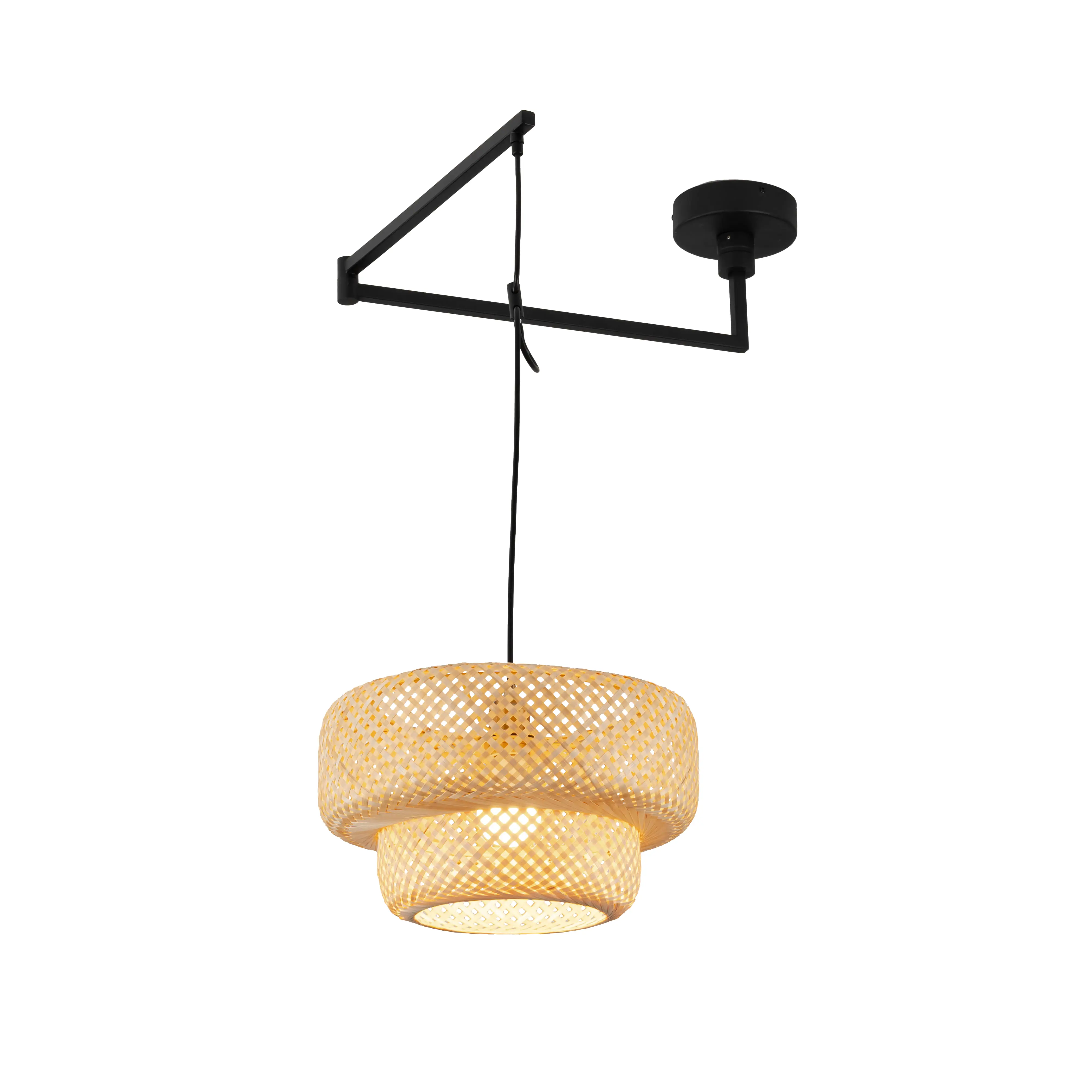 Adjustable Arm Bamboo Pendant Light Fixture, Boho Swing Arm Basket Weave Hanging Light, Vintage Round Shape Ceiling Pendant Light for Kitchen Island Dining Room