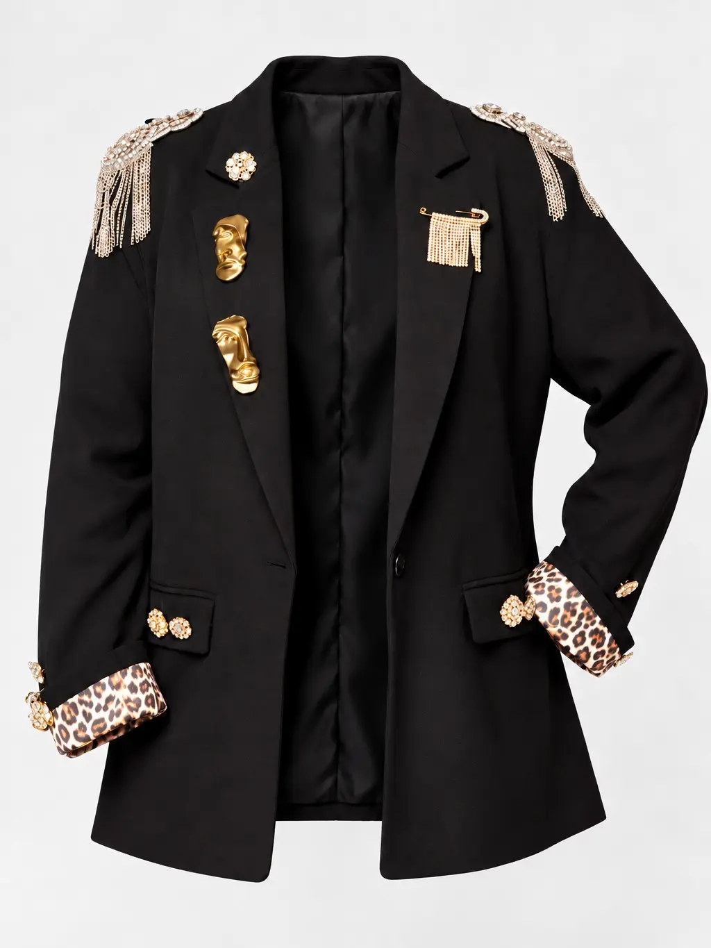 The Heir - Black Blazer with Gold Buttons and Leopard Print Sleeves