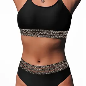 Cali Chic Swimsuit Women Color Block Black Leopard Mesh Trim Two Piece Bikini Set