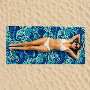 Blue Ocean Waves Print Picnic Mat & Beach Towel — Quick-Drying, Sand-Resistant Microfiber Towel; Soft, Absorbent, Lightweight, and Portable. An Essential Companion for the Beach, Pool, Swimming, Bathing, Travel, and Summer Vacations.