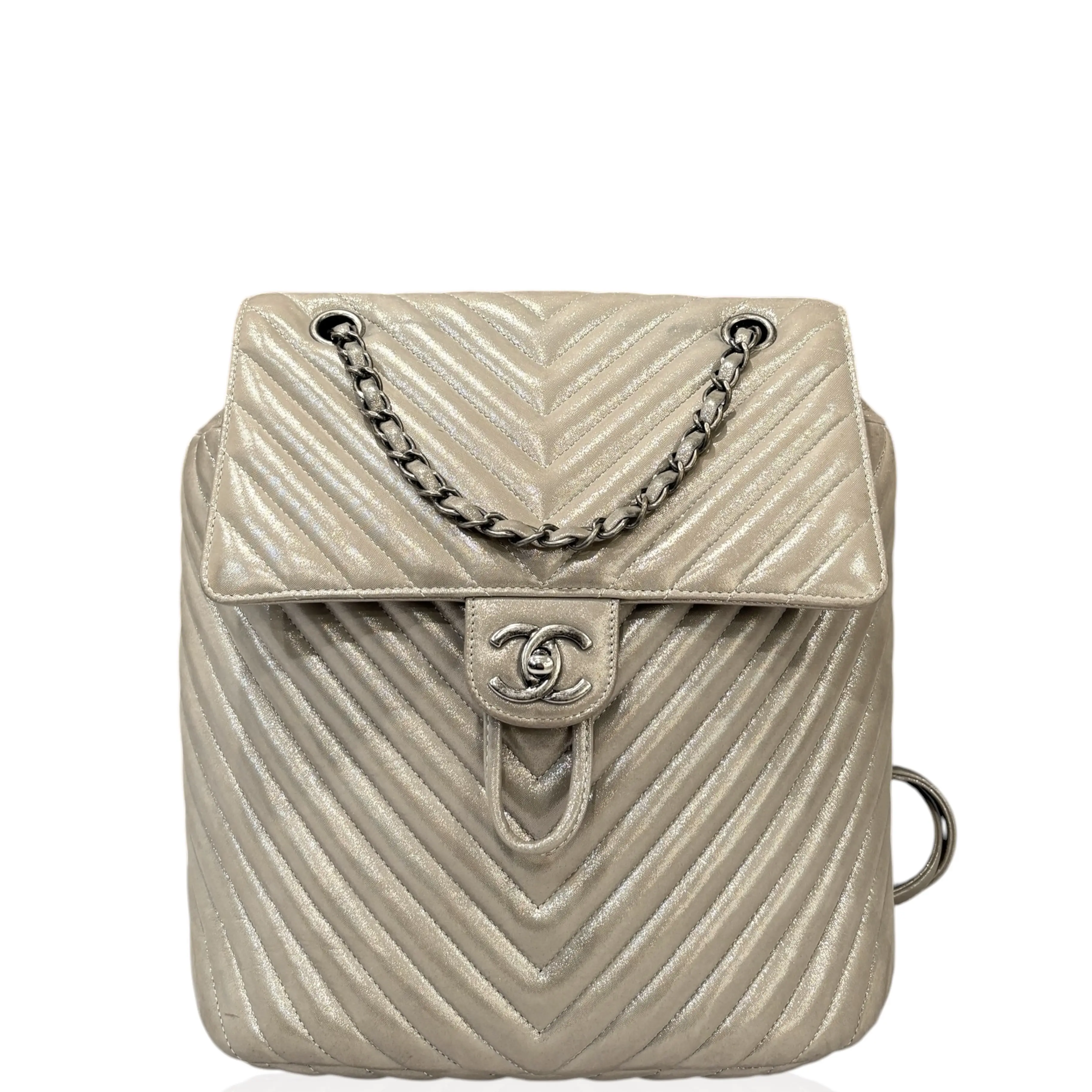 Pre-owned CHANEL Leather Backpacks Chevron Quilted Small Urban Spirit Backpack Metallic Calfskin Silver (hs032826g8)