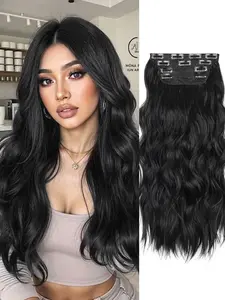 Clip in Hair Extensions for Women, 4PCS Long Wavy Curly Clip on Hair Extensions 20 Inch Natural Black Synthetic Hairpieces