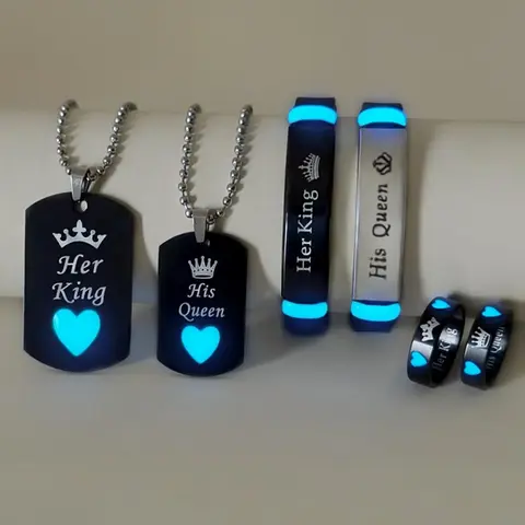 Couple Necklace & Bracelet & Ring Set, Crown & Heart Design Luminous Jewelry Set, Fashion Jewelry for Party, Daily Clothing Decor, for Birthday Gift, Matching Jewelry Set