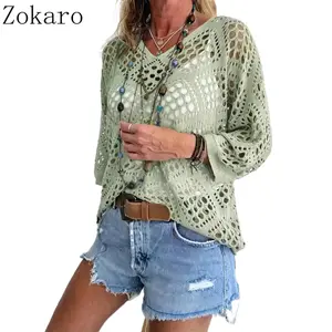 Bohemian V-Neck Sweater - Lightweight 3/4 Sleeve Lace Cutout Design, Semi-Sheer Pullover for Spring Summer Fall, Casual Chic Layering Top, Cozy Resort Style, Trendy Everyday Wear Knitwear Womenswear