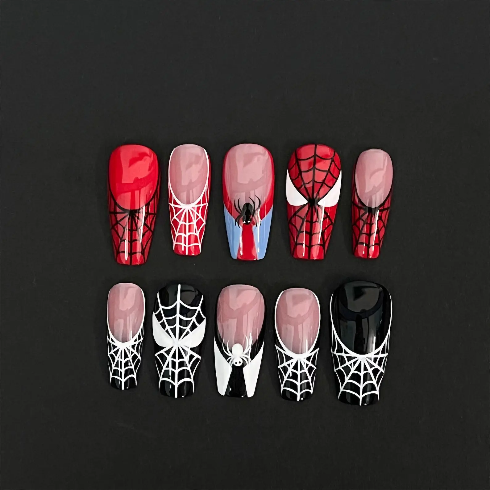 Spider Web Inspired Press-On Nails – Red Black Glossy Square Fake Nails with Spider Art & French Tip Design | Handmade Reusable Full Cover Nail Set