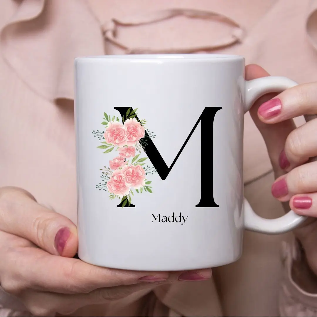 Floral Initial Ceramic Mug – Personalized Coffee Cup, Custom Tea Mug, Gift for Her, Flower Design, Birthday, Mother's Day