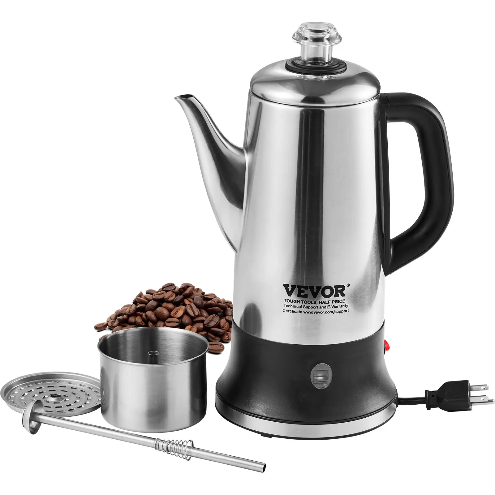 VEVOR 12-Cup Electric Percolator Coffee Pot, 304 Stainless Steel Coffee Percolator with Keep Warm Function & Heat-Resistant Handle, Classic Coffee Mak