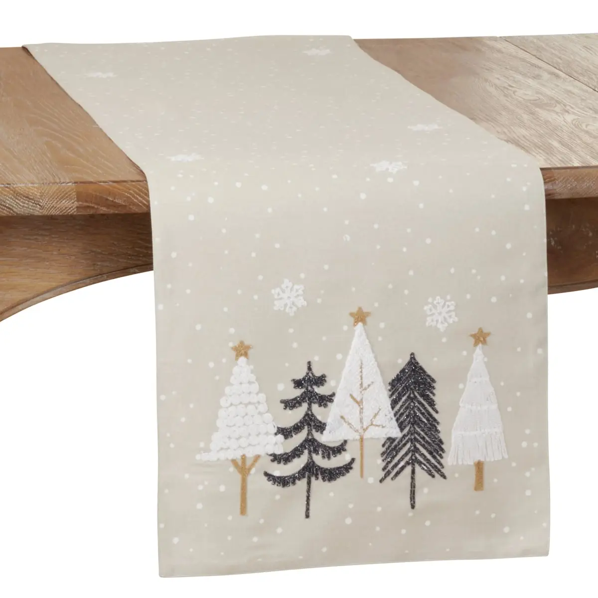 Saro Lifestyle 4050.N16120B Polyester Embroidered Snowflake Christmas Oblong Table Runner - 16in x 120in, Natural Look, Machine Washable, Tabletop Holiday Kitchen Linen Textile