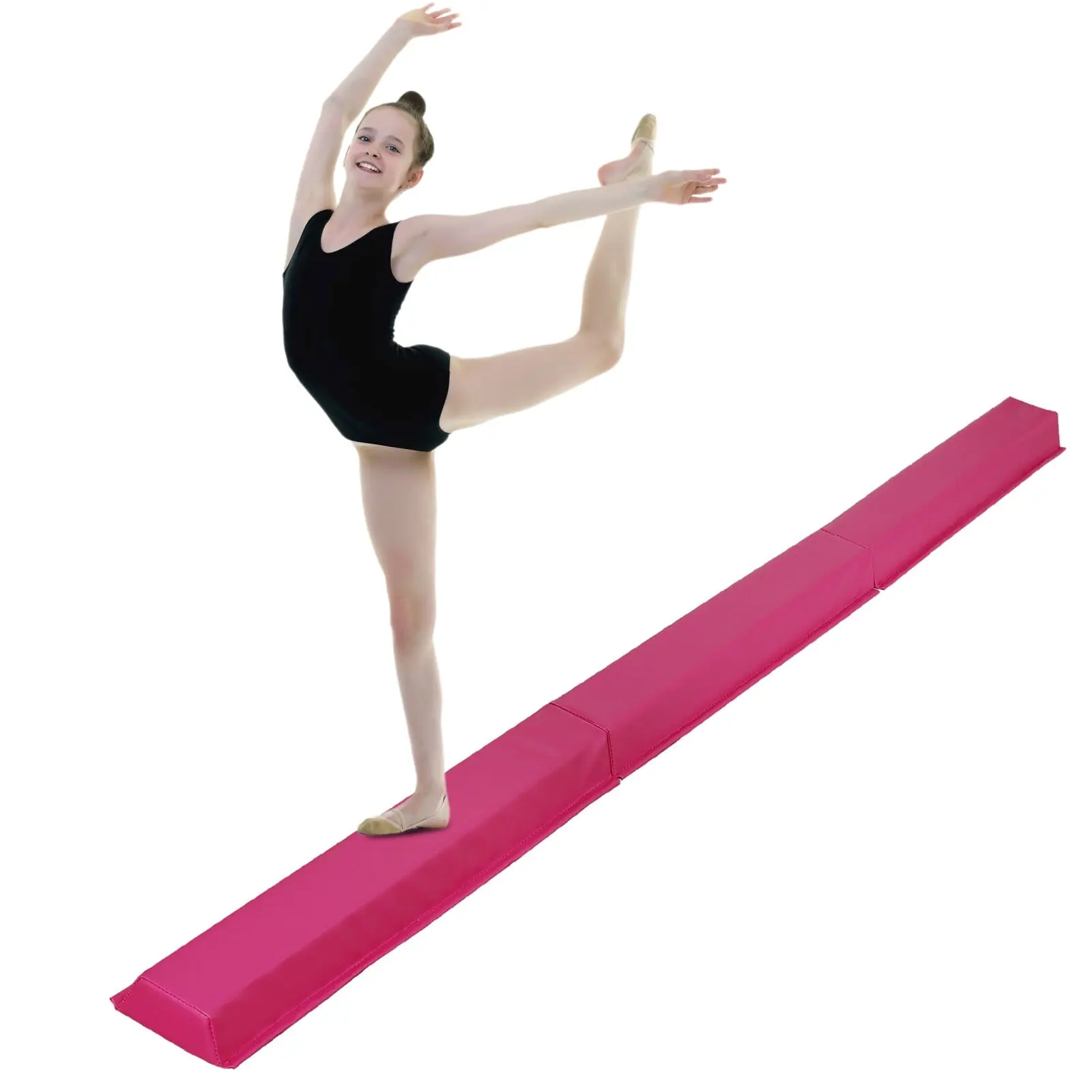 SEGAWE 9ft Portable Gymnastics Balance Beam, Tri-Fold Compact Design, Anti-Slip Base, PVC Leather Surface, Fast Setup Seconds, Soap-Water Clean, Professional Home Training Gymnastics Equipment, Pink, Workout Equipment, Home Practice, 160 Lbs, Compact Fold