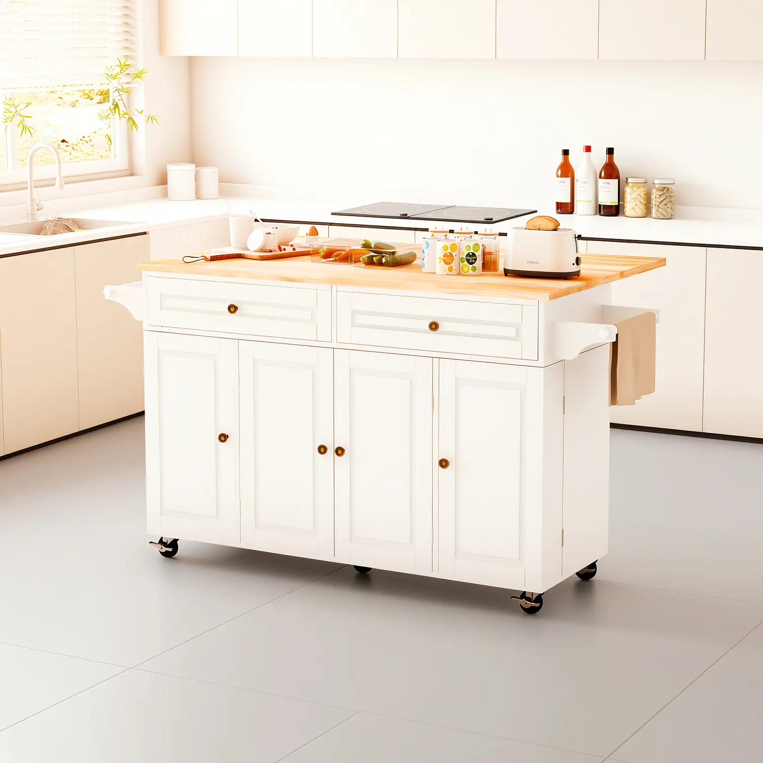Rolling Kitchen Cart with Drop Leaf Countertop, Lockable Wheels Kitchen Island with Storage Drawers & Shelves, Mobile Kitchen Trolley for Small Spaces Apartment