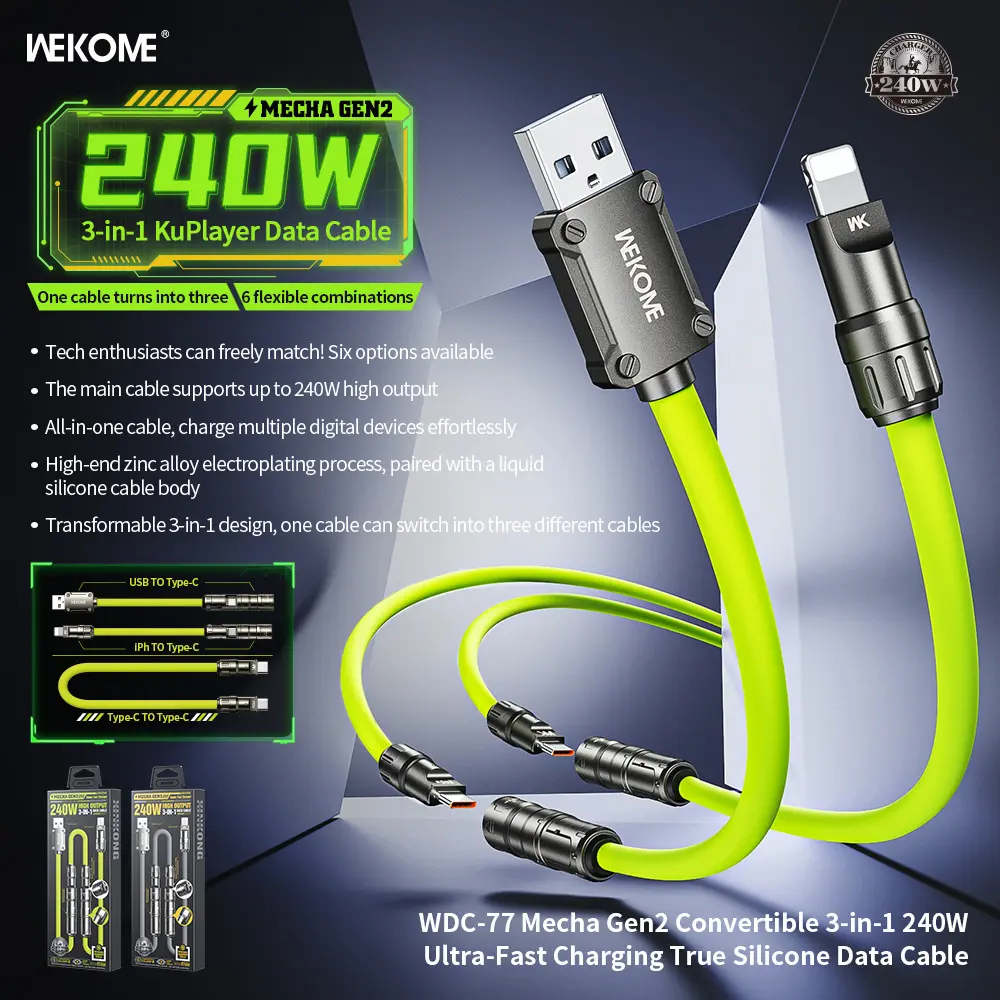 WEKOME Detachable 240W 3-in-1 Electronic Mobile Fast Charging Cable - Silicone Mixable Data Cord with Type-C, USB, Lightning Connectors for Smartphone, Cellphone, Huawei, iPhone (Daily & On-the-Go Use)