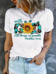 with God, All Things Are Possible. Matthew 19:26 Women's Printed T-Shirt, Summer Casual Streetwear Short Sleeve, Soft and Comfortable Fabric