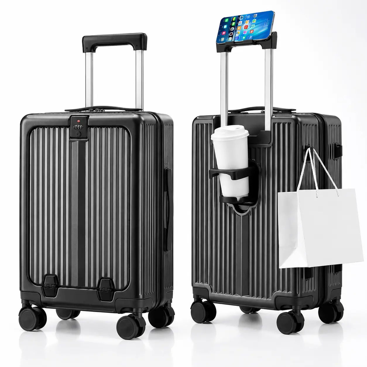 20" PC+ABS Lightweight Hardside Carry-On Luggage, Smart Travel Essential, Stylish Rugged Luggage with Built-In Phone Cup Holder, USB Charging Lock, 360° Silent Wheels, 41L (Black/White/Gray), Hardside Luggage