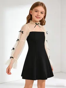 Girls' Elegant Chiffon Fabric Dress with Bow Detailing, Long Sleeve Knee-Length Design, Perfect for Back-To-School Parties & Family Gatherings