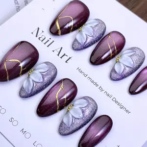 Dark Purple Gold Cat-Eye Handmade Press On Nails, 3D Floral Embellished Rhinestone White Flower Glitter Decor, Glittering Fake Nails, Medium-Long Almond Removable False Nails, Perfect for Date & Commute, with Jelly Glue and Nail File, Nail Art Design