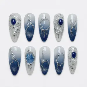 Luxury Y2K Press On Nails - Handmade Gel Fake Nails - Reusable Custom Glue On Nail Set - Astral Silver Vein - Ombre Y2k - Birthday Nails
