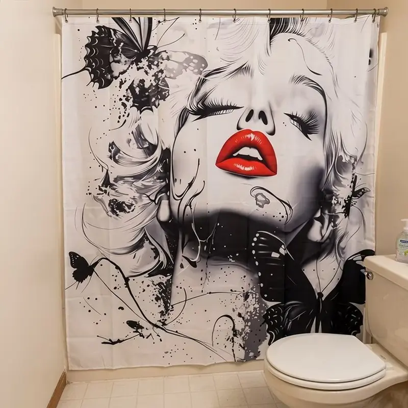 1/4pcs Black and white shower curtain set with red lip pattern, with non-slip mat, U-shaped rug, toilet seat cover, 12 shower curtain hooks, perfect for bathroom decoration, Bathroom Decor And Accessories