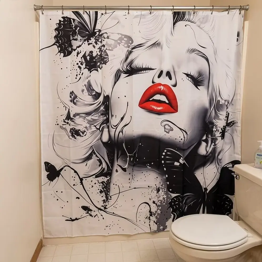 1/4pcs Black and white shower curtain set with red lip pattern, with non-slip mat, U-shaped rug, toilet seat cover, 12 shower curtain hooks, perfect for bathroom decoration, Bathroom Decor And Accessories