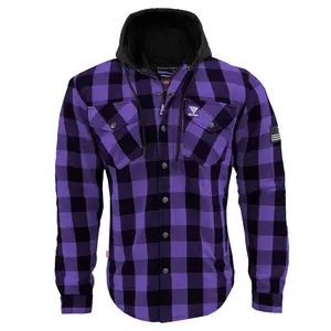 Protective Flannel Hoodie For Men - Purple and Black Checkered with Pads