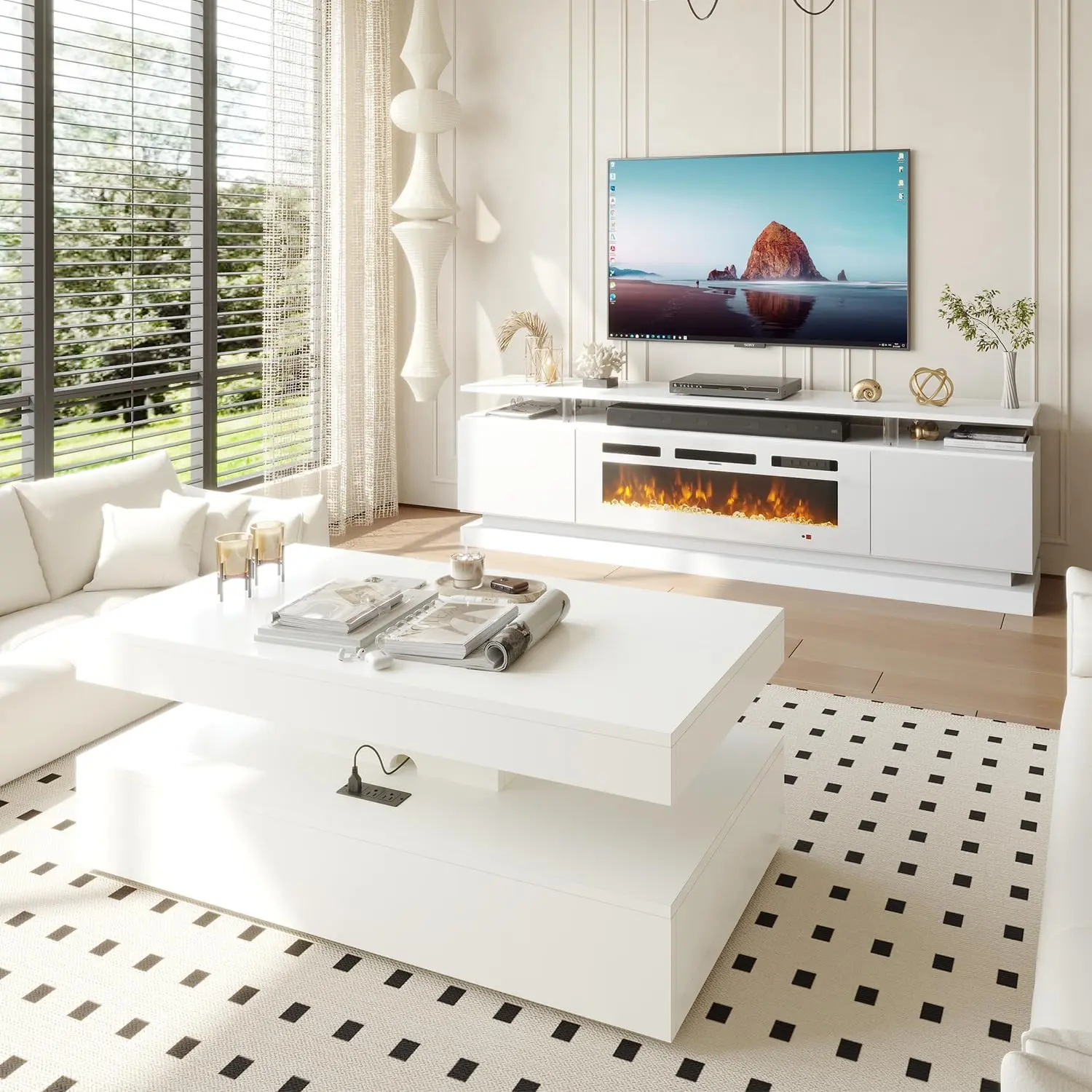 Aoxun Modern Table Set Includes 70" Fireplace TV Stand & 47" Coffee Table with Charging Station and USB Ports, for Living Room